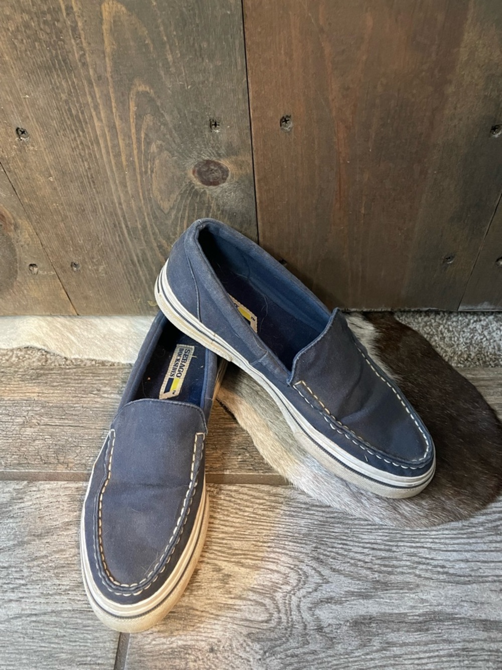 Sebago Navy Canvas Slip-On Loafers with White Stitching